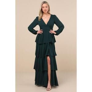 Lulus Marvelous Grace Emerald Long Sleeve Tiered Wrap Maxi Dress Green - Size M
